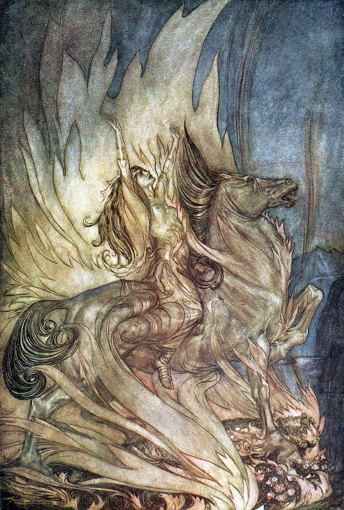 Brunnhilde rides onto Siegfried's Funeral Pyre (Arthur Rackham 1910-1911)