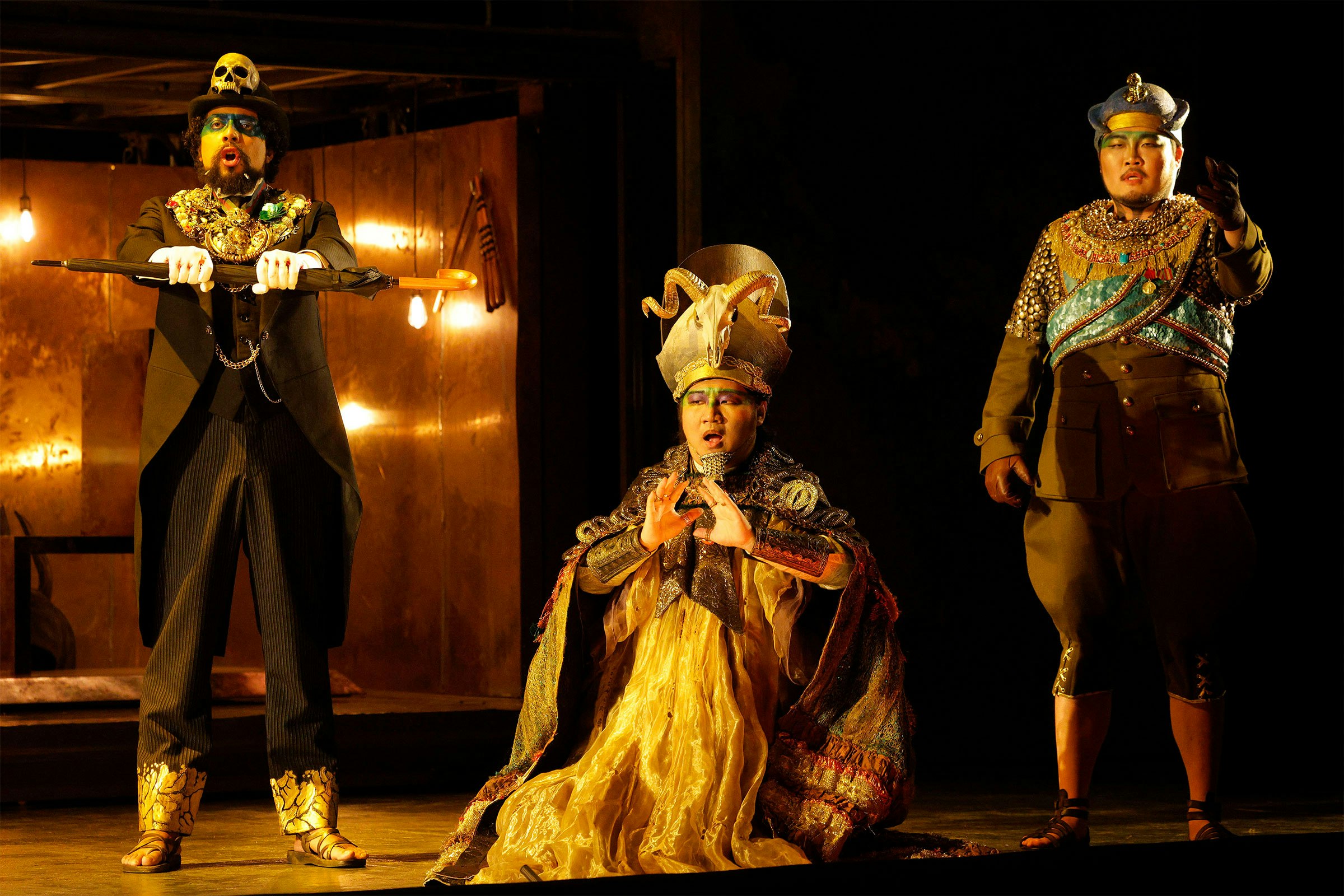 (from l. to r.) Aye (Vinicius Costa), High Priest of Amon (Yuntong Han) and General Horemhab (Hyungjin Son)  (LA Opera; photo by Cory Weaver)