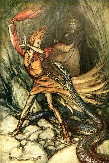 Loge and Wotan watch as Alberich transforms himself into a serpent using the magic Tarnhelm