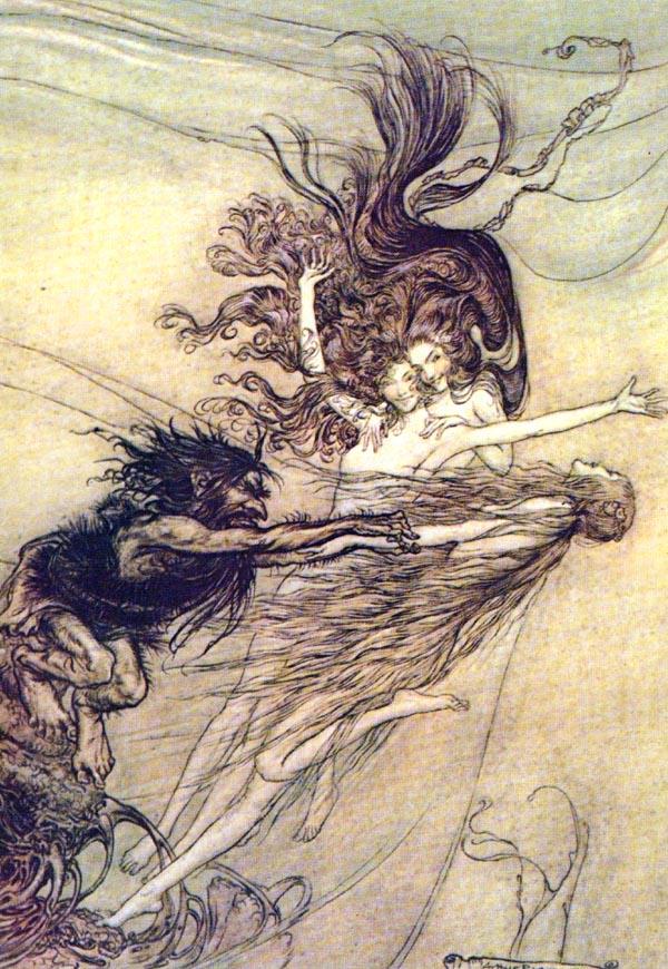 Alberich with the Rhinemaidens by Arthur Rackham