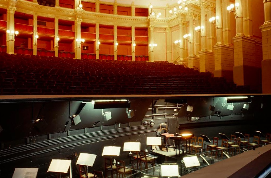 The view from the stage into the interior of the Bayreuth Festival Theatre - the orchestra pit was designed to disappear completely from the audience, focusing all attention on the onstage, and allowing instruments and voices to blend together before reaching the audience  (Photo by Jorg Schulze)