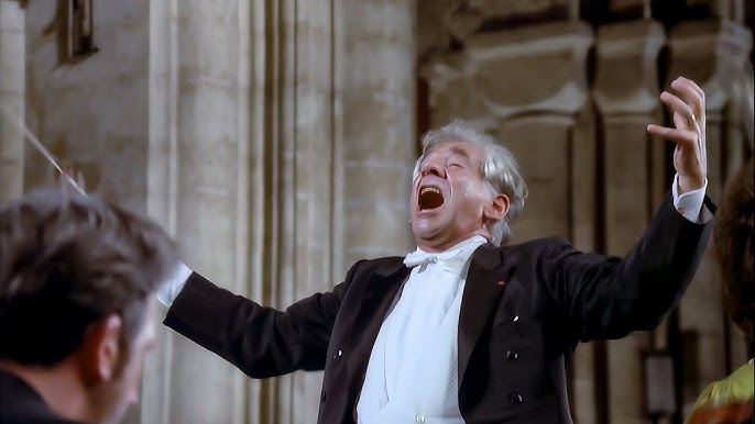 Leonard Bernstein during the climactic final movement of Mahler's 2nd Symphony in Ely Cathedral