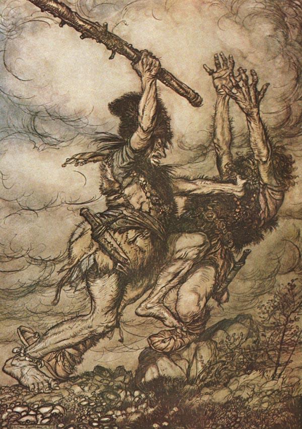 Fafner murdering his brother Fasolt for the ring (Rackham)