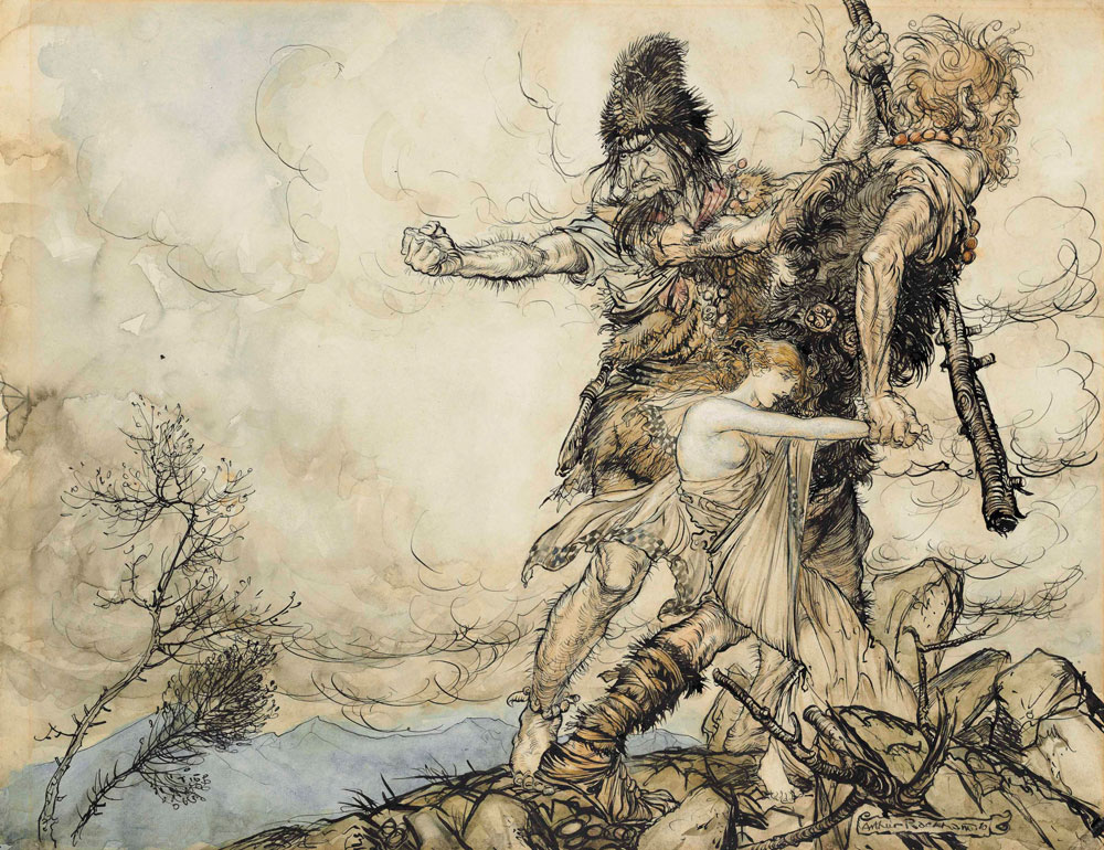 Fasolt and Fafner drag away Freia, by Arthur Rackham