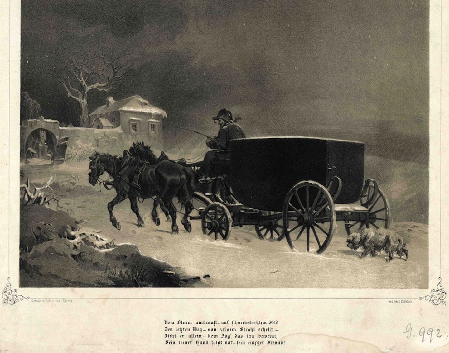 Joseph Heicke's engraving (1860) of the journey of Mozart's coffin through a storm to the cemetery