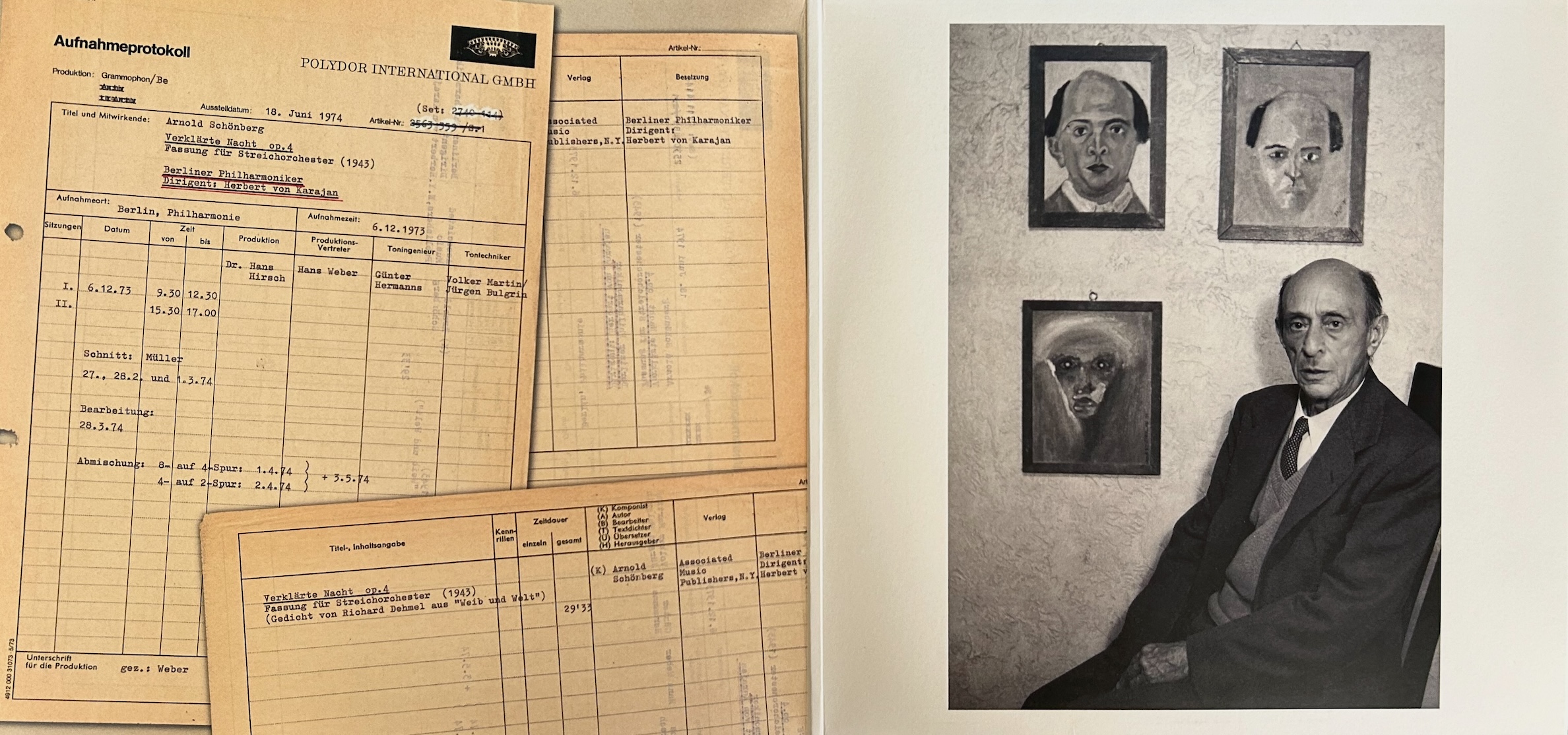 Gatefold from the Original Source reissue of Karajan's Schoenberg Verklärte Nacht and Variations for Orchestra, including a photo of Schoenberg with three self-portraits