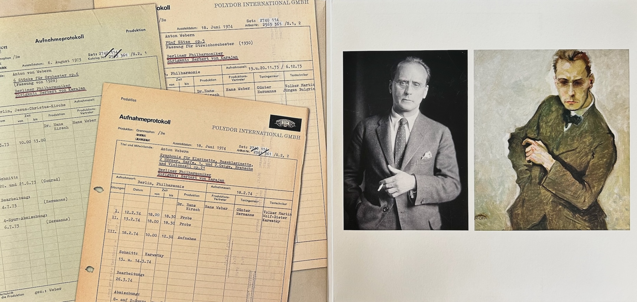 Karajan BPO Webern DG Original Source Gatefold, featuring recording notes and a photo of Webern next to Max Leibermann's portrait of him