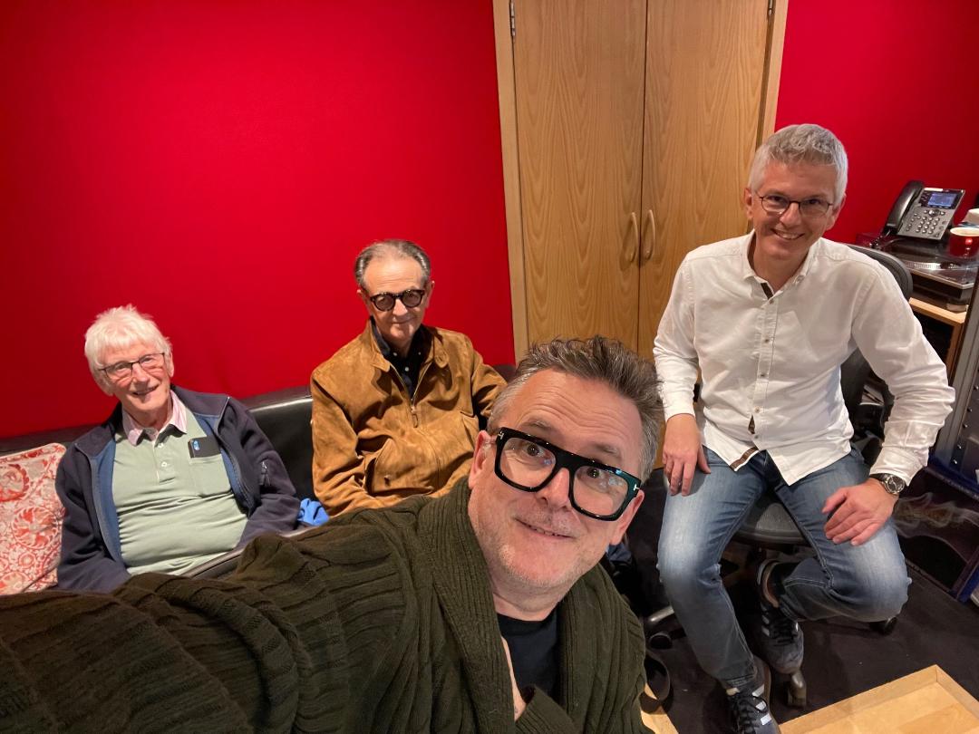 At Abbey Road: (l. to r.) Brian Showell, David Howells (former head of Gull Records), Craig Crane and Miles Showell. (photo by Analogue October Records)