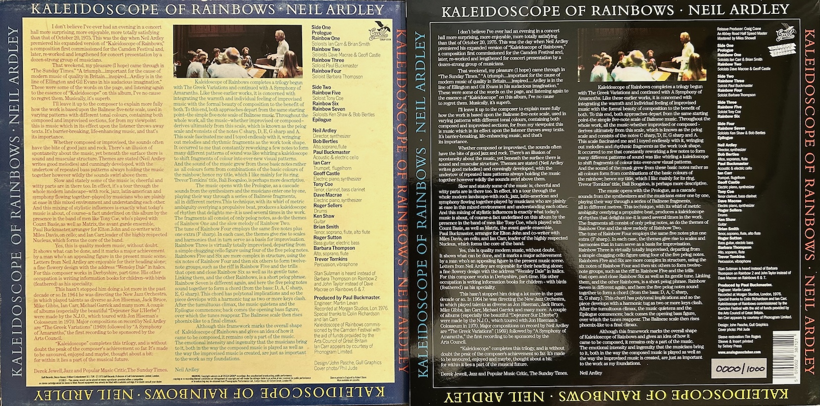 Kaleidoscope of Rainbows - Back covers of the original UK Gull pressing (l.) alongside the Analogue October reissue (r.)  Note the change in color scheme for the reissue, which is also presented in a higher gloss finish.
