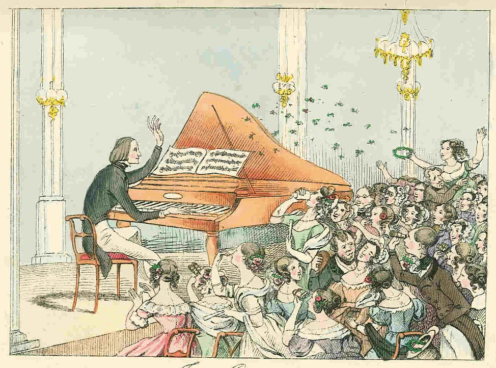 1842 Cartoon by Theodore Hosemann depicting the Height of "Lisztomania"