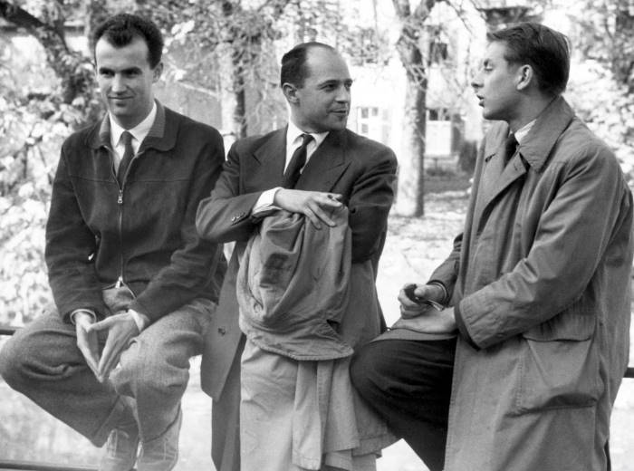 (from l. to r.)  Luigi Nono, Pierre Boulez and Karlheinz Stockhausen at Darmstadt in 1957