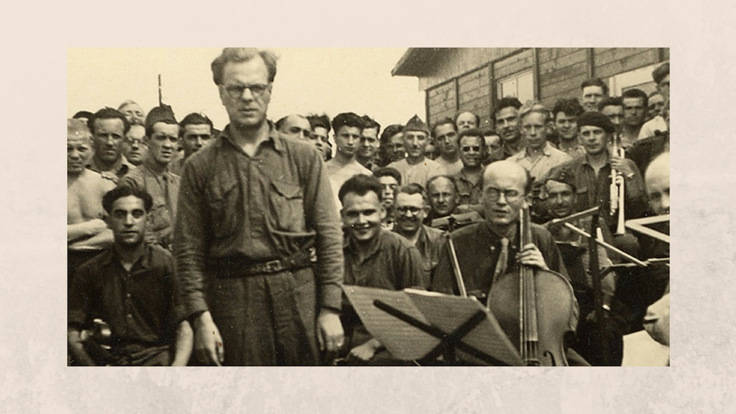 Olivier Messiaen (standing) with his three fellow performers at Stalag VIII-A for the first performance of the Quartet for the End of Time: (l. to r.) violinist Jean le Bolaire, clarinetist Henri Akoka, and 'cellist Etienne Pasquier