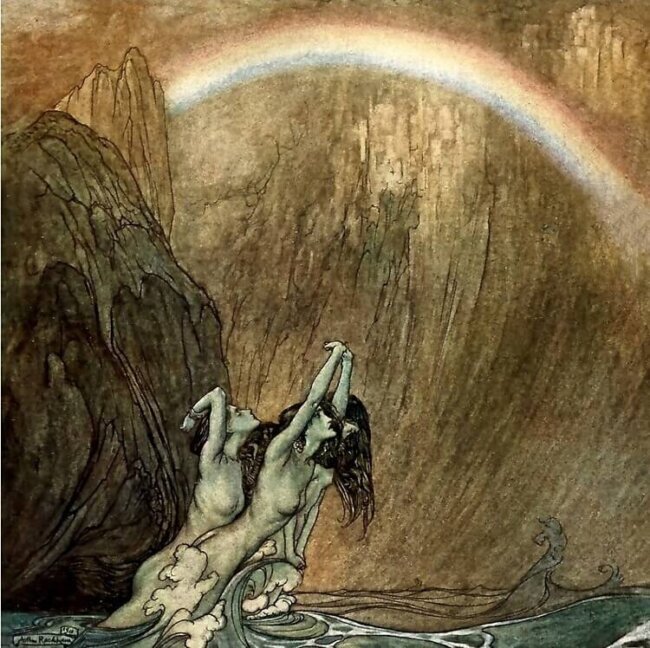 The Rhinemaidens lament the loss of their gold as the gods ascend to Valhalla (Rackham)