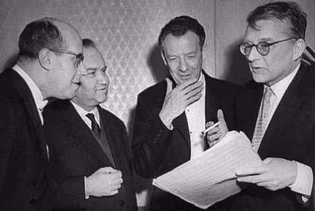 (from left to right) Rostropovich, violinist David Oistrakh, Benjamin Britten and Shostakovich