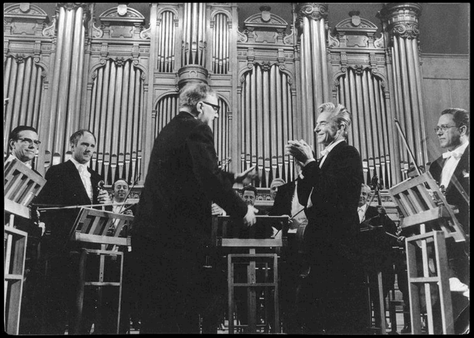 The composer with Herbert von Karajan in the Moscow Conservatory's Bolshoi Hall, 1969