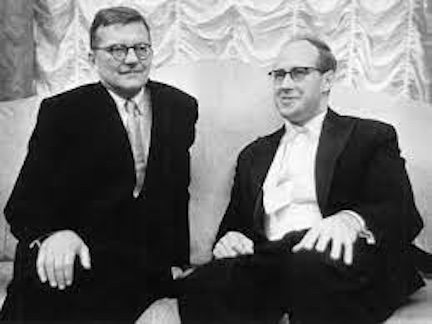 Shostakovich and Rostropovich in the Blue Room of the Great Hall of the Leningrad Philharmonic after the premiere of the First Cello Concerto on 4th October, 1959