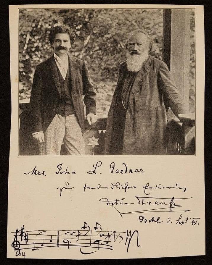 1894 photo of Johann Strauss II with Johannes Brahms, presented to US philanthropist Isabella Stewart Gardner. Signed by Strauss with Blue Danube fragment (Photo: Smithsonian)