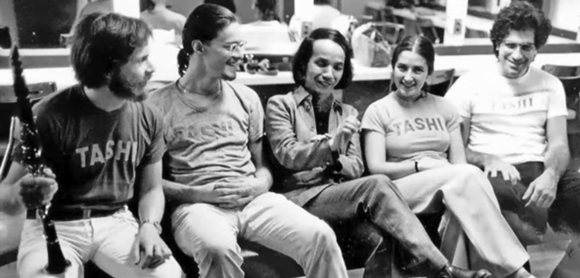 Tashi: (from l. to r.): Richard Stolzman, Peter Serkin, Takemitsu, Iva Kavafian, Fred Sherry