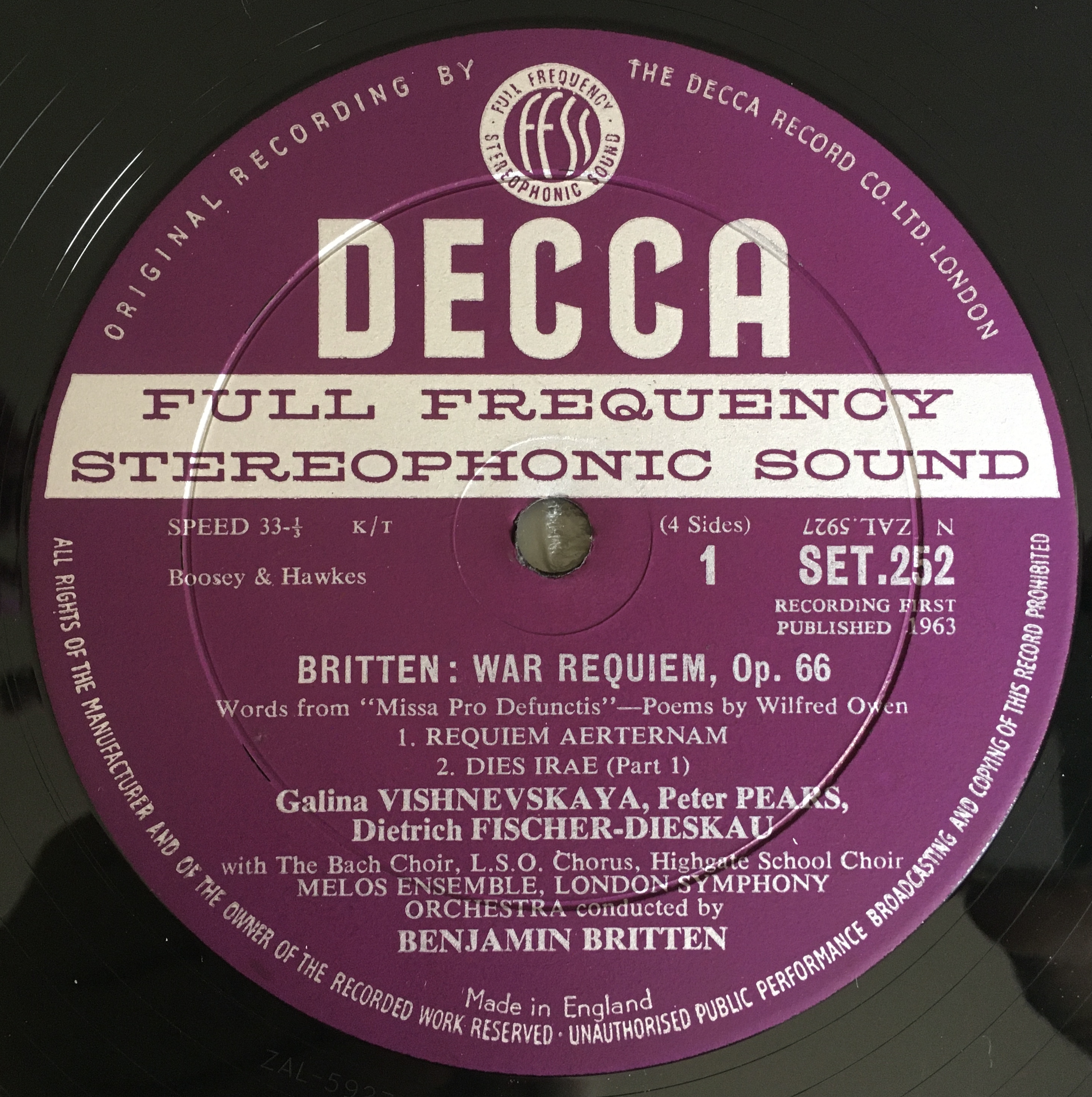 Britten War Requiem - Decca Ist vinyl pressing record label